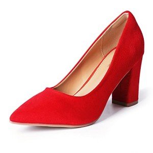 Heel The World Women's Pumps High Chunky Block Closed Toe Heels,Slip On Pointed Toe Work Dress Office Wedding Party Red Pumps Shoes,Size 5