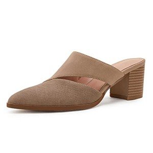 Syktkmx Womens Cutout Backless Chunky Stacked Mules Slip On Closed Toe Scale Heeled Sandal Shoes Khaki