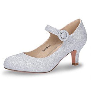 IDIFU Women's Jessy Dress Mary Jane Shoes Low Kitten Heels Closed Round Toe Office Work Wedding Pumps (Silver Shiny, 8 M US)