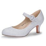 IDIFU Women's Jessy Dress Mary Jane Shoes Low Kitten Heels Closed Round Toe Office Work Wedding Pumps (Silver Shiny, 8 M US)