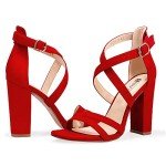 IDIFU Women's Chunky Heel Sandal Strappy Open Toe Ankle Strap Dress Shoes for Women Bridesmaid Ladies in Wedding Evening Homecoming Prom (Red Suede, 10 M US)