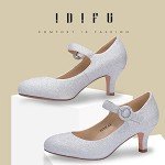 IDIFU Women's Jessy Dress Mary Jane Shoes Low Kitten Heels Closed Round Toe Office Work Wedding Pumps (Silver Shiny, 8 M US)