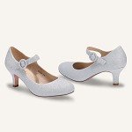 IDIFU Women's Jessy Dress Mary Jane Shoes Low Kitten Heels Closed Round Toe Office Work Wedding Pumps (Silver Shiny, 8 M US)