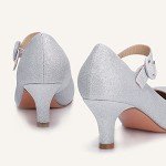 IDIFU Women's Jessy Dress Mary Jane Shoes Low Kitten Heels Closed Round Toe Office Work Wedding Pumps (Silver Shiny, 8 M US)