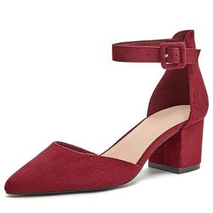 LAICIGO Women’s Chunky Heels Closed Pointed Toe Pumps Ankle Strap Comfortable Block Heels Dress Pump Shoes Burgundy Suede