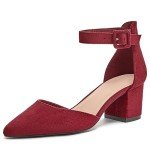 LAICIGO Women’s Chunky Heels Closed Pointed Toe Pumps Ankle Strap Comfortable Block Heels Dress Pump Shoes Burgundy Suede