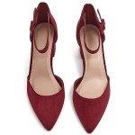 LAICIGO Women’s Chunky Heels Closed Pointed Toe Pumps Ankle Strap Comfortable Block Heels Dress Pump Shoes Burgundy Suede