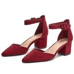 LAICIGO Women’s Chunky Heels Closed Pointed Toe Pumps Ankle Strap Comfortable Block Heels Dress Pump Shoes Burgundy Suede