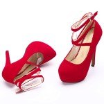OCHENTA Women's Ankle Strap Platform Pumps Strappy High Heels Sexy Stiletto Shoes Dress Party Velvet Red 37 - US 6.5