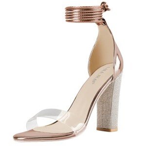 LALA IKAI Women's Heels Gold Strappy Rhinestone High Heels Sandals for Women Ankle Clear Chunky Heels Dress Shoes for Party Wedding Size,38.5