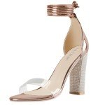 LALA IKAI Women's Heels Gold Strappy Rhinestone High Heels Sandals for Women Ankle Clear Chunky Heels Dress Shoes for Party Wedding Size,38.5