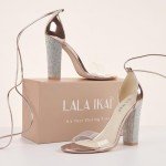 LALA IKAI Women's Heels Gold Strappy Rhinestone High Heels Sandals for Women Ankle Clear Chunky Heels Dress Shoes for Party Wedding Size,38.5