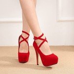 OCHENTA Women's Ankle Strap Platform Pumps Strappy High Heels Sexy Stiletto Shoes Dress Party Velvet Red 37 - US 6.5