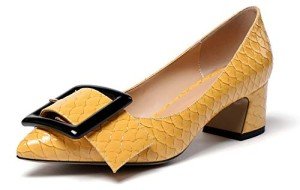 Eldof Women's 5 cm Block Heel Shoes, Pointy Toe Pumps, Buckle Style Slip On, Fashion Wedding Dress Office Lady Yellow Fish Scale US 11