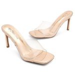 Shoe Land Melrose Womens High Heels Stiletto Heeled Slides Square Open Toe One Band Slip on Heeled Mules Black Gold Clear Heels for Prom Party Wedding Vacation, ClearRosegold, Size 5.0
