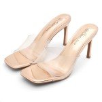Shoe Land Melrose Womens High Heels Stiletto Heeled Slides Square Open Toe One Band Slip on Heeled Mules Black Gold Clear Heels for Prom Party Wedding Vacation, ClearRosegold, Size 5.0