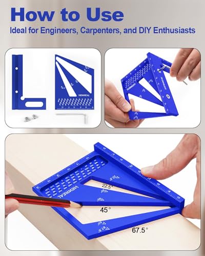 3D Multi Angle Measuring Ruler Aluminum Alloy Woodworking Square,Versatile Square Tool with Preset Angles from 22.5° to 90° Ideal Layout Tool for Carpentry, Engineering & DIY Projects