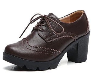 DADAWEN Women's Classic T-Strap Platform Mid-Heel Square Toe Oxfords Dress Shoes Brown US Size 9