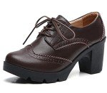 DADAWEN Women's Classic T-Strap Platform Mid-Heel Square Toe Oxfords Dress Shoes Brown US Size 9