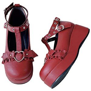 CELNEPHO Womens Mary Jane Shoes for Women, Sweet Bow Round Toe Ankle T-Strap Lolita Goth Platform Dress Pumps Shoes Oxfords B-red