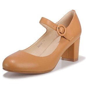 IDIFU Women's Candy Dress Mary Jane Shoes Low Block Heels Closed Round Toe Office Work Church Wedding Pumps (Dark Nude Pu, 6 M US)