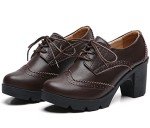 DADAWEN Women's Classic T-Strap Platform Mid-Heel Square Toe Oxfords Dress Shoes Brown US Size 9