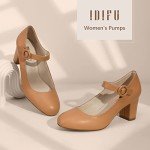 IDIFU Women's Candy Dress Mary Jane Shoes Low Block Heels Closed Round Toe Office Work Church Wedding Pumps (Dark Nude Pu, 6 M US)