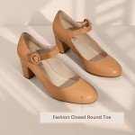 IDIFU Women's Candy Dress Mary Jane Shoes Low Block Heels Closed Round Toe Office Work Church Wedding Pumps (Dark Nude Pu, 6 M US)