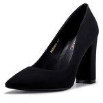 IDIFU Women's IN4 Chunky-HI Block High Heels Closed Pointed Toe Pumps Dress Office Shoes for Women (Black Nubuck, 10 M US)