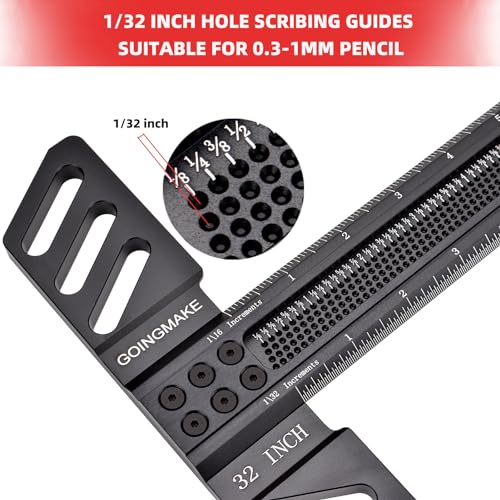 GOINGMAKE Woodworking T-Square 32 Inch Aluminum Alloy T Square Ruler 1/32" Hole Scrbing Guides Positioning Scribe Tool Precision Woodworking Ruler Scribing Tool for Carpenter Layout and Measuring