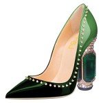 FSJ Women Bridal Pointed Toe Chunky High Heel Crystal Pumps Slip on Wedding Thick Comfort Shoe 10 Emerald Green