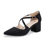 IDIFU Women's Lynn Dress Low Heeled Pumps Closed Pointed Toe Block Chunky Heel Cross Strap Wedding Bridal Party Office Shoes (Black Nubuck, 8.5MUS)