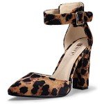 IDIFU Women's IN4 Pedazo High Block Heels Pumps Pointed Closed Toe Ankle Strap Dress Wedding Shoes (Leopard Suede, 6.5 M US)