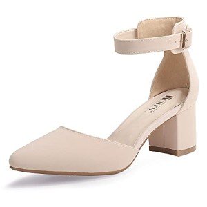 IDIFU Women's IN2 Pedazo Dress Shoes Low Block Heels Comfortable Chunky Closed Toe Ankle Strap Wedding Pumps (Nude Nubuck, 8.5 M US)
