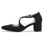 IDIFU Women's Lynn Dress Low Heeled Pumps Closed Pointed Toe Block Chunky Heel Cross Strap Wedding Bridal Party Office Shoes (Black Nubuck, 8.5MUS)