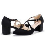 IDIFU Women's Lynn Dress Low Heeled Pumps Closed Pointed Toe Block Chunky Heel Cross Strap Wedding Bridal Party Office Shoes (Black Nubuck, 8.5MUS)