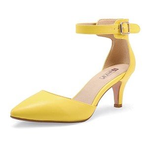 IDIFU Women's IN3 D'Orsay Pumps Low Kitten Heels for Women Dress Shoes Pointed Closed Toe Wedding Bride Ankle Strap Dressy Silver Black Nude White Gold Heels for Women (Yellow Pu, 7 M US)