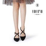 IDIFU Women's Lynn Dress Low Heeled Pumps Closed Pointed Toe Block Chunky Heel Cross Strap Wedding Bridal Party Office Shoes (Black Nubuck, 8.5MUS)