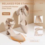 IDIFU Women's IN2 Pedazo Dress Shoes Low Block Heels Comfortable Chunky Closed Toe Ankle Strap Wedding Pumps (Nude Nubuck, 8.5 M US)