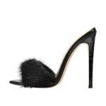 Richealnana Open Pointed Toe High Heel Mules Sexy Sandals for Women Dress Heels Ladies Stiletto Heel Summer Shoes Fashion Fur Black Size 8