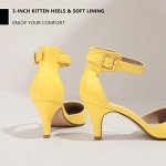 IDIFU Women's IN3 D'Orsay Pumps Low Kitten Heels for Women Dress Shoes Pointed Closed Toe Wedding Bride Ankle Strap Dressy Silver Black Nude White Gold Heels for Women (Yellow Pu, 7 M US)