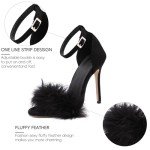 YIBLBOX Women's Feather Heels Open Toe Sandal Fluffy Fur High Heel Shoes Ankle Strap Stiletto Pump for Wedding Party Dance Evening