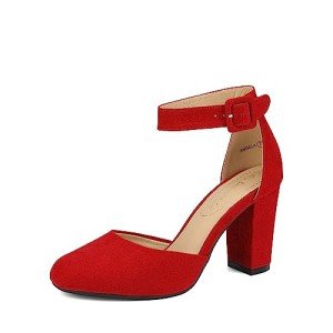 DREAM PAIRS Women's High Heel Ankle Strap Closed Toe Chunky Wedding Party Pumps Shoes,Size 10,Red/Suede,Angela