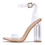 Cape Robbin Maria-2 Clear Chunky Block High Heels for Women, Transparent Strappy Open Toe Shoes Heels for Women - Nude Size 9