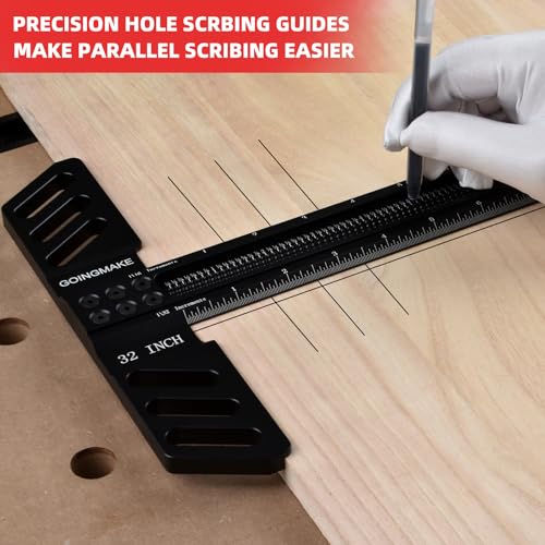 GOINGMAKE Woodworking T-Square 32 Inch Aluminum Alloy T Square Ruler 1/32" Hole Scrbing Guides Positioning Scribe Tool Precision Woodworking Ruler Scribing Tool for Carpenter Layout and Measuring