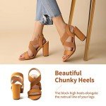 Trary Brown Heels for Women, Women's Chunky Heels Sandals Strappy Heels for Women Open Toe Women's Heeled Sandals Comfortable High Heels Homecoming Heels Elastic Ankle Strap Block Shoes Size 10