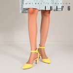 IDIFU Women's IN3 D'Orsay Pumps Low Kitten Heels for Women Dress Shoes Pointed Closed Toe Wedding Bride Ankle Strap Dressy Silver Black Nude White Gold Heels for Women (Yellow Pu, 7 M US)