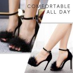 YIBLBOX Women's Feather Heels Open Toe Sandal Fluffy Fur High Heel Shoes Ankle Strap Stiletto Pump for Wedding Party Dance Evening