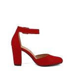 DREAM PAIRS Women's High Heel Ankle Strap Closed Toe Chunky Wedding Party Pumps Shoes,Size 10,Red/Suede,Angela