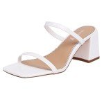 vivianly Women's Low Block Heels Sandal Square Open Toe Chunky High Heels Slip on Heeled Sandals Mules Slide for Party Wedding Dress Shoes White Size 6